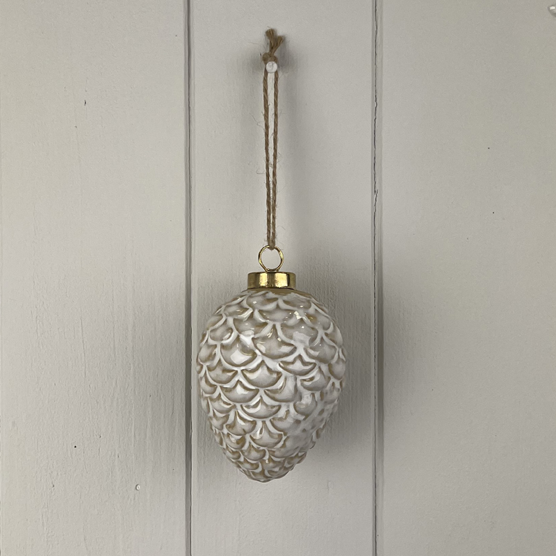 Off White Ceramic Hanging Pinecone Ornament detail page